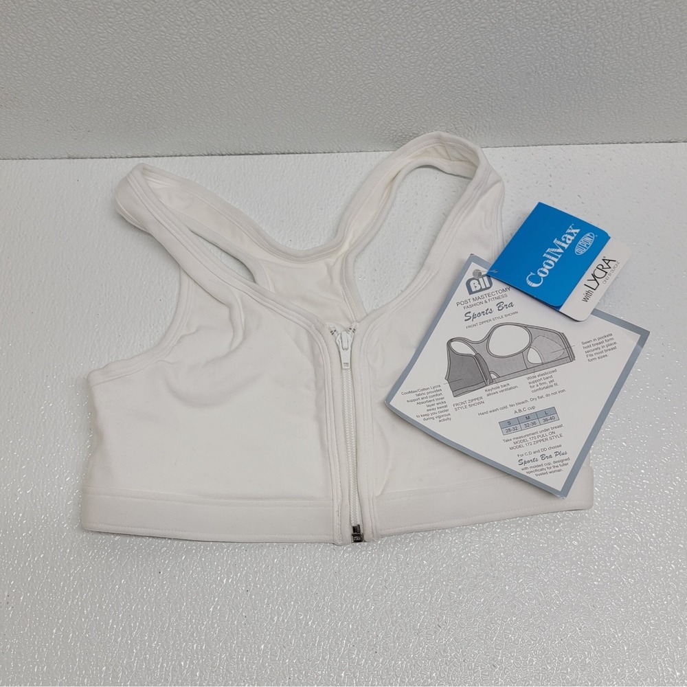 Post Masectomy Zipper Sports Bra White Size Medium 32-36 Coolmax BII Lia - New!